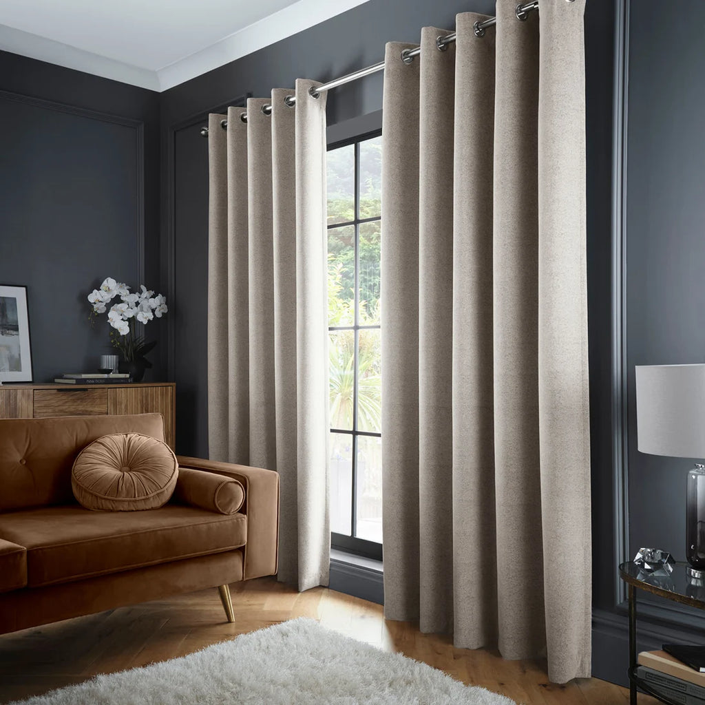 Curtina Velvet Chenille Dimout Eyelet Curtains in Natural