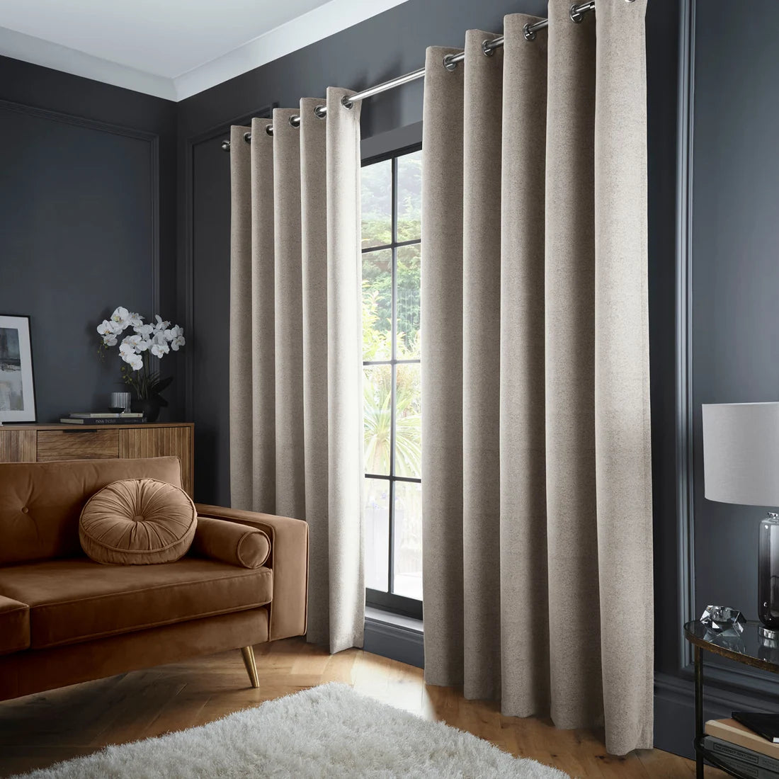 Curtina Velvet Chenille Dimout Eyelet Curtains in Natural