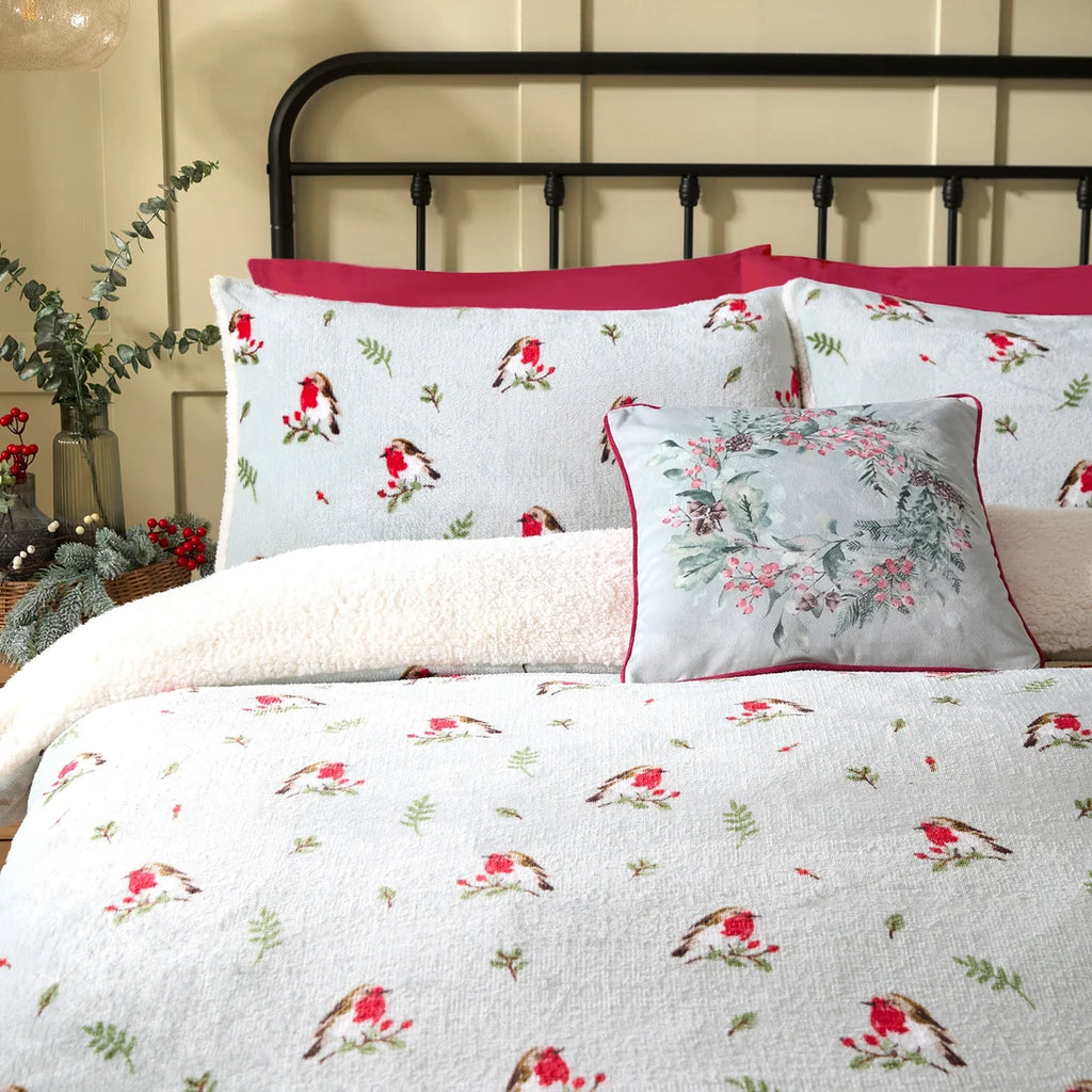 Dreams & Drapes Winter Robin Christmas Sherpa Duvet Cover Set in Duck Egg