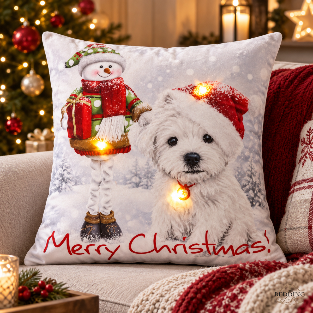 Westie LED Light-Up Christmas Cushion with Snowman 45 x 45cm