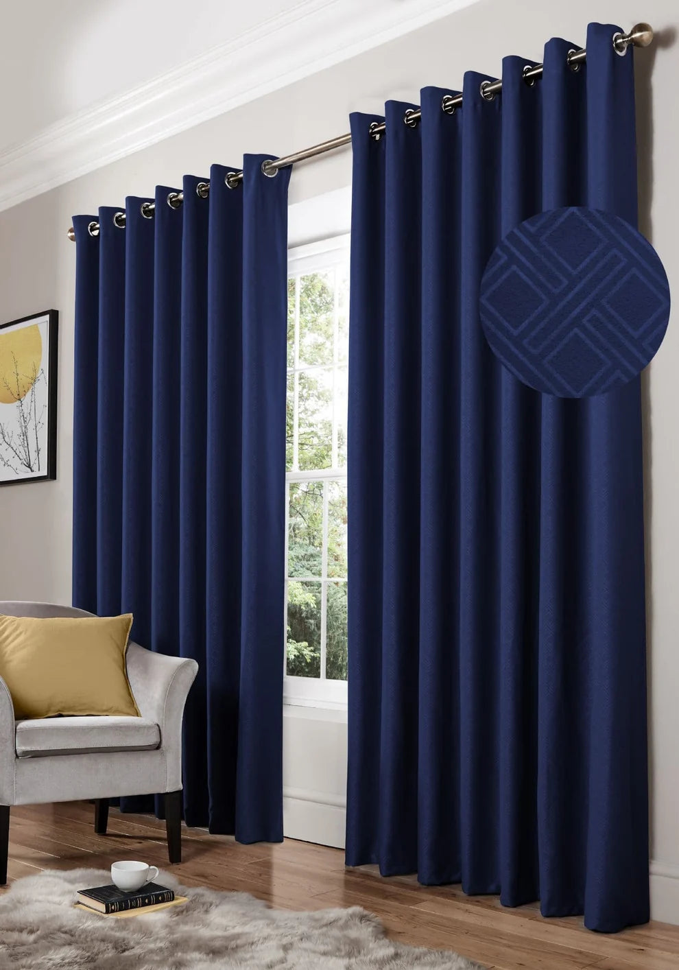 Diamond Geometric Blackout Eyelet Curtains in Blue