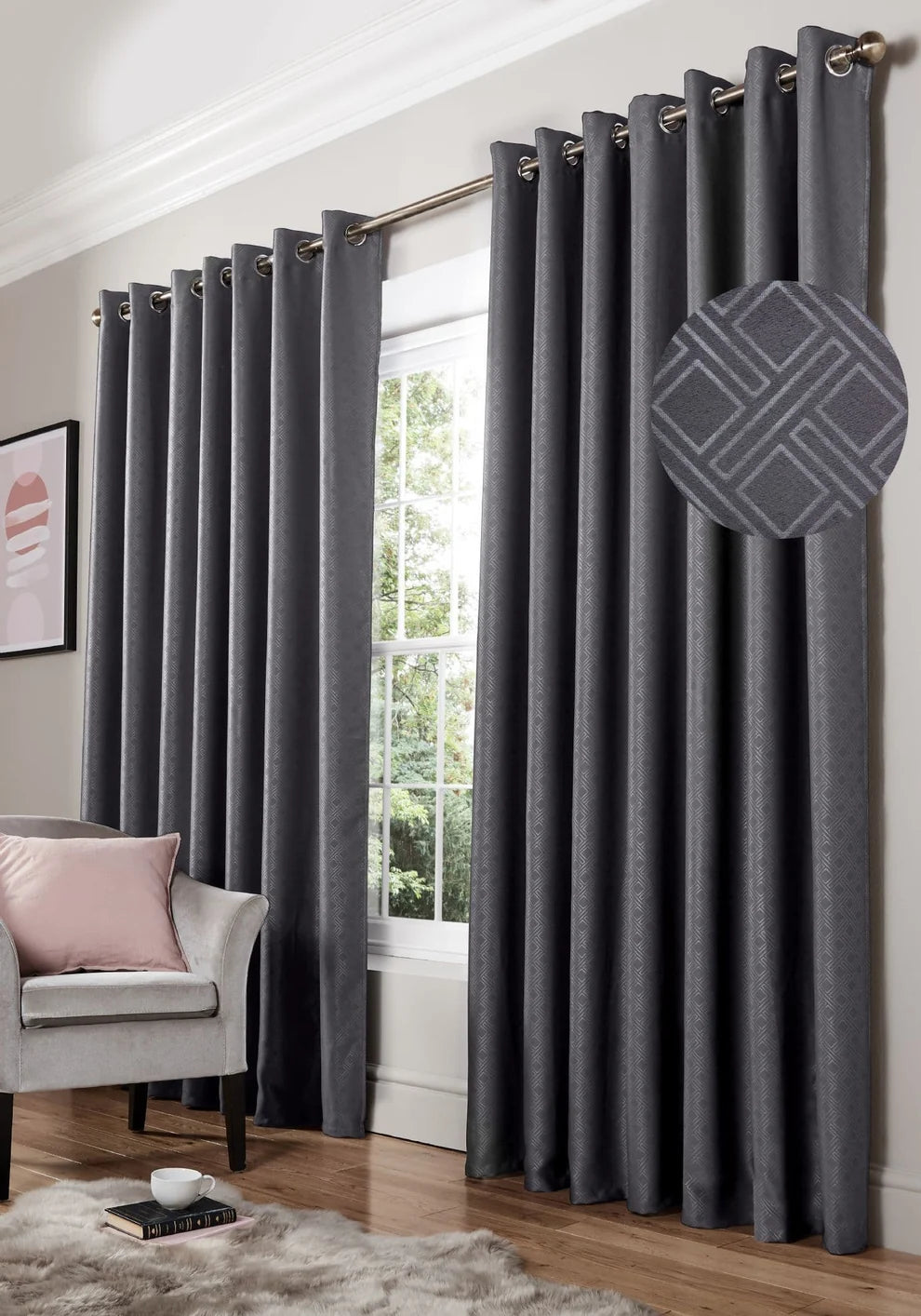 Diamond Geometric Blackout Eyelet Curtains in Charcoal