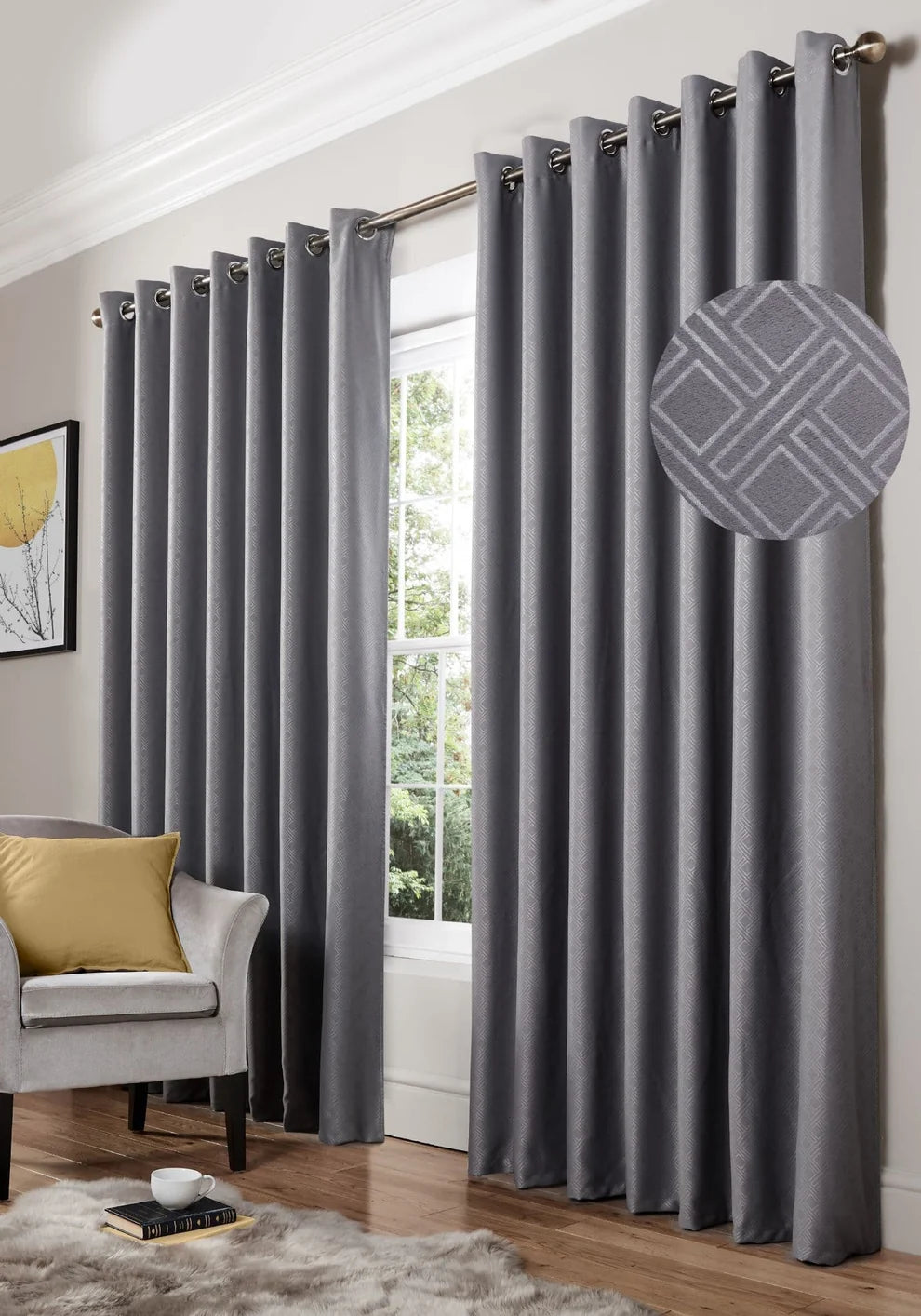 Diamond Geometric Blackout Eyelet Curtains in Silver
