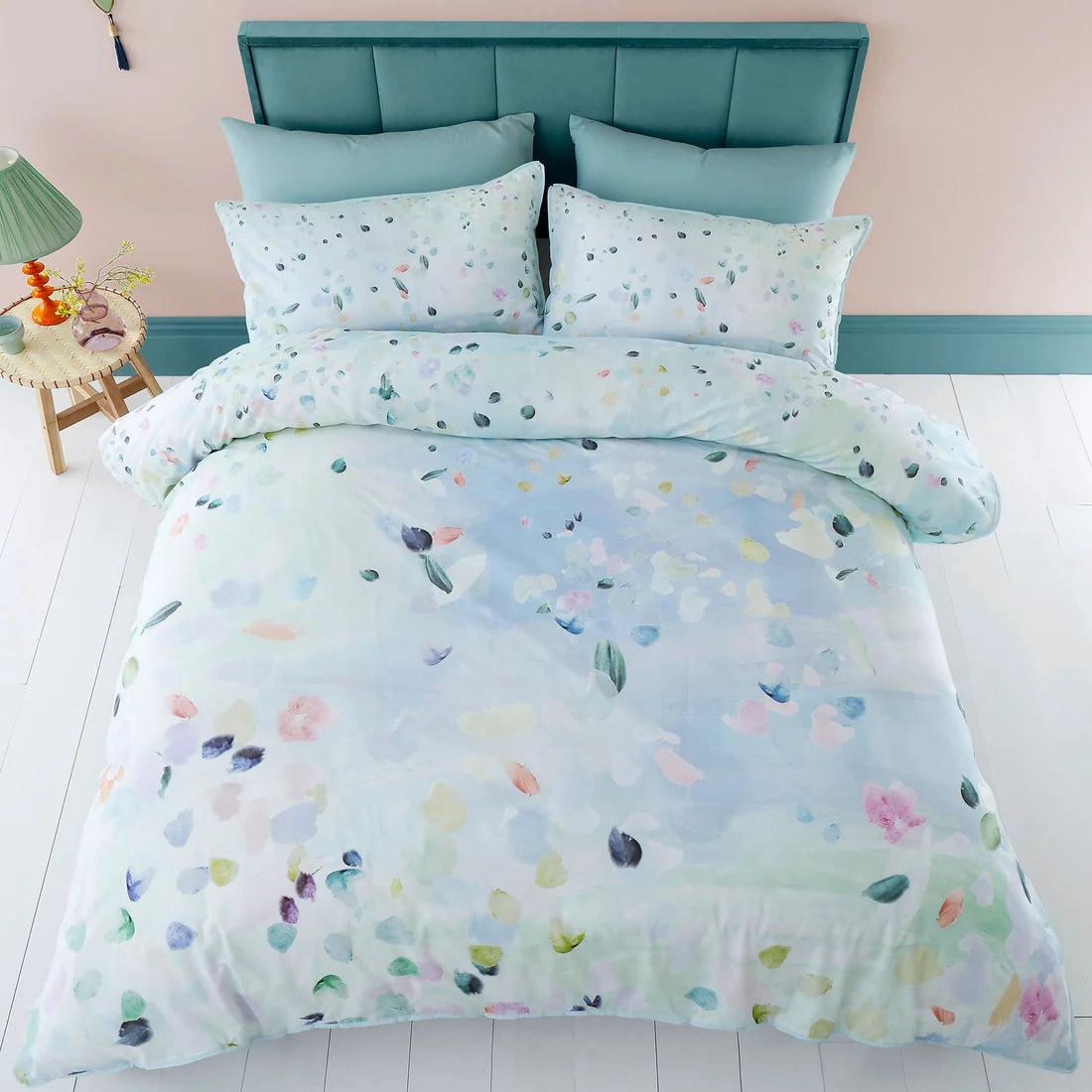 Appletree Alfresco Duck Egg duvet cover set styled in a bright contemporary bedroom.