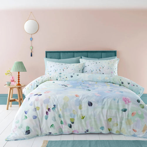 Appletree Alfresco 100% cotton duvet cover set in duck egg with digitally printed floral design.