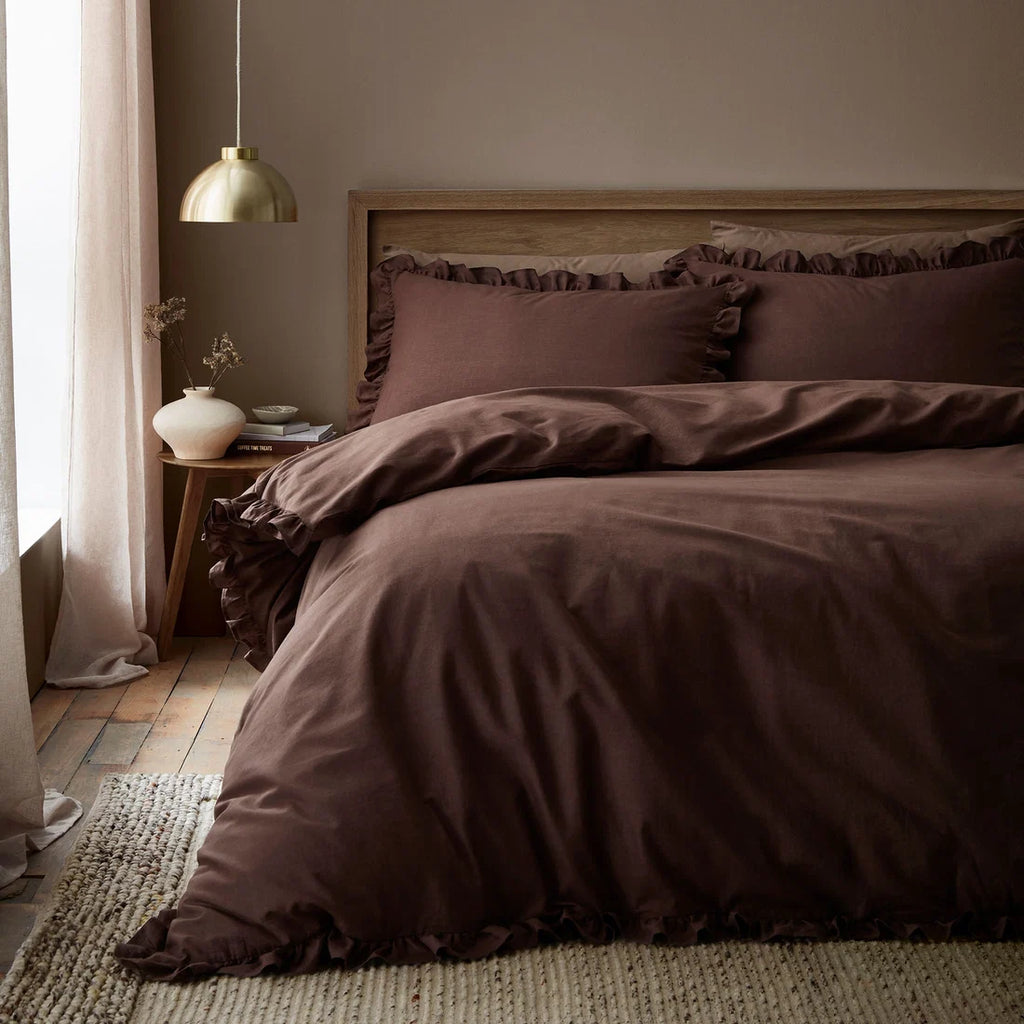 Appletree Cassia Frill 100% cotton duvet cover set in chocolate.