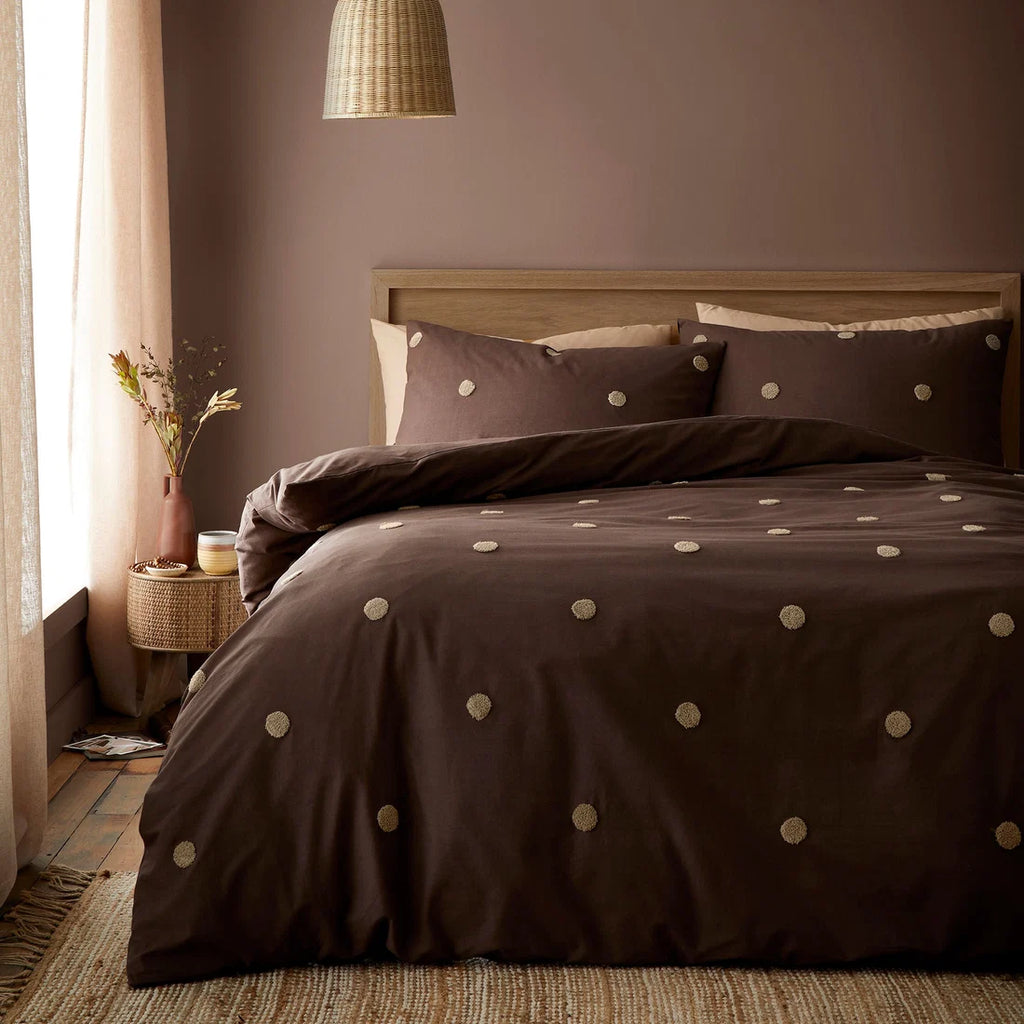 Appletree Dot Garden tufted 100% cotton duvet cover set in chocolate.