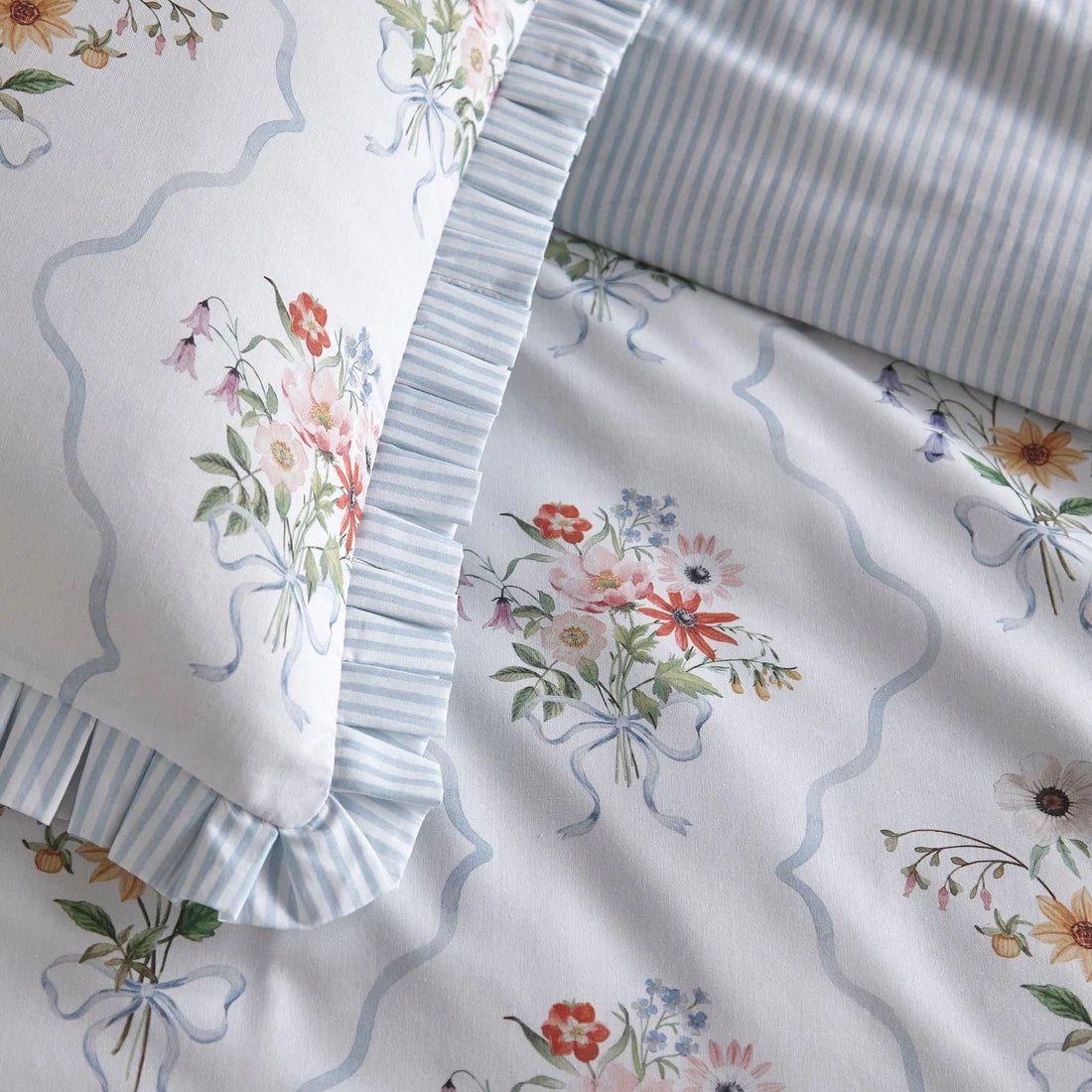 Close-up of the soft 100% cotton fabric with box pleat edging on the Appletree Floral Bouquet duvet cover set.