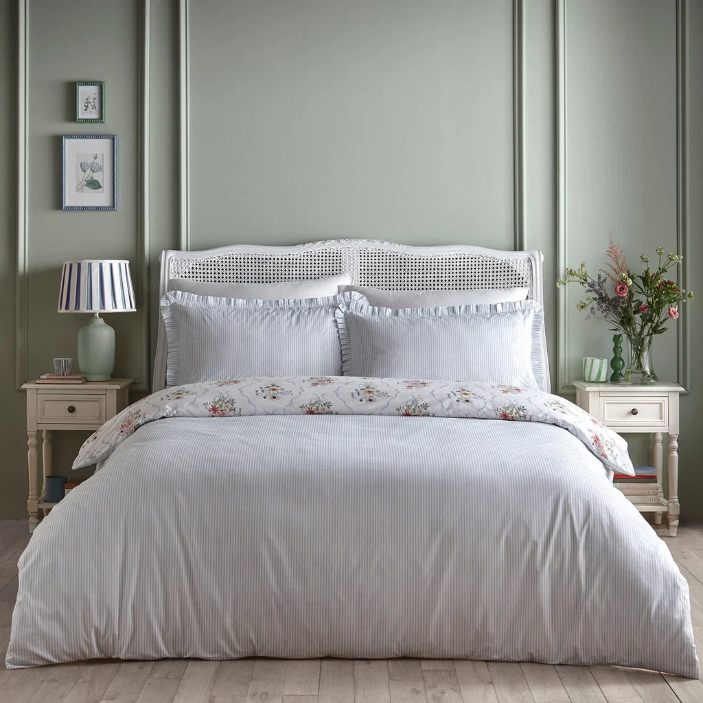 Sky blue pinstripe reverse on the Appletree Floral Bouquet duvet cover set.
