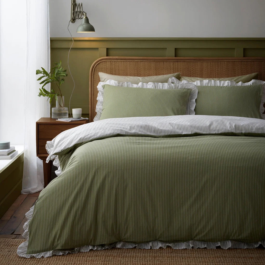 Appletree Frilled Embroidered Bow Stripe 100% cotton duvet cover set in green.