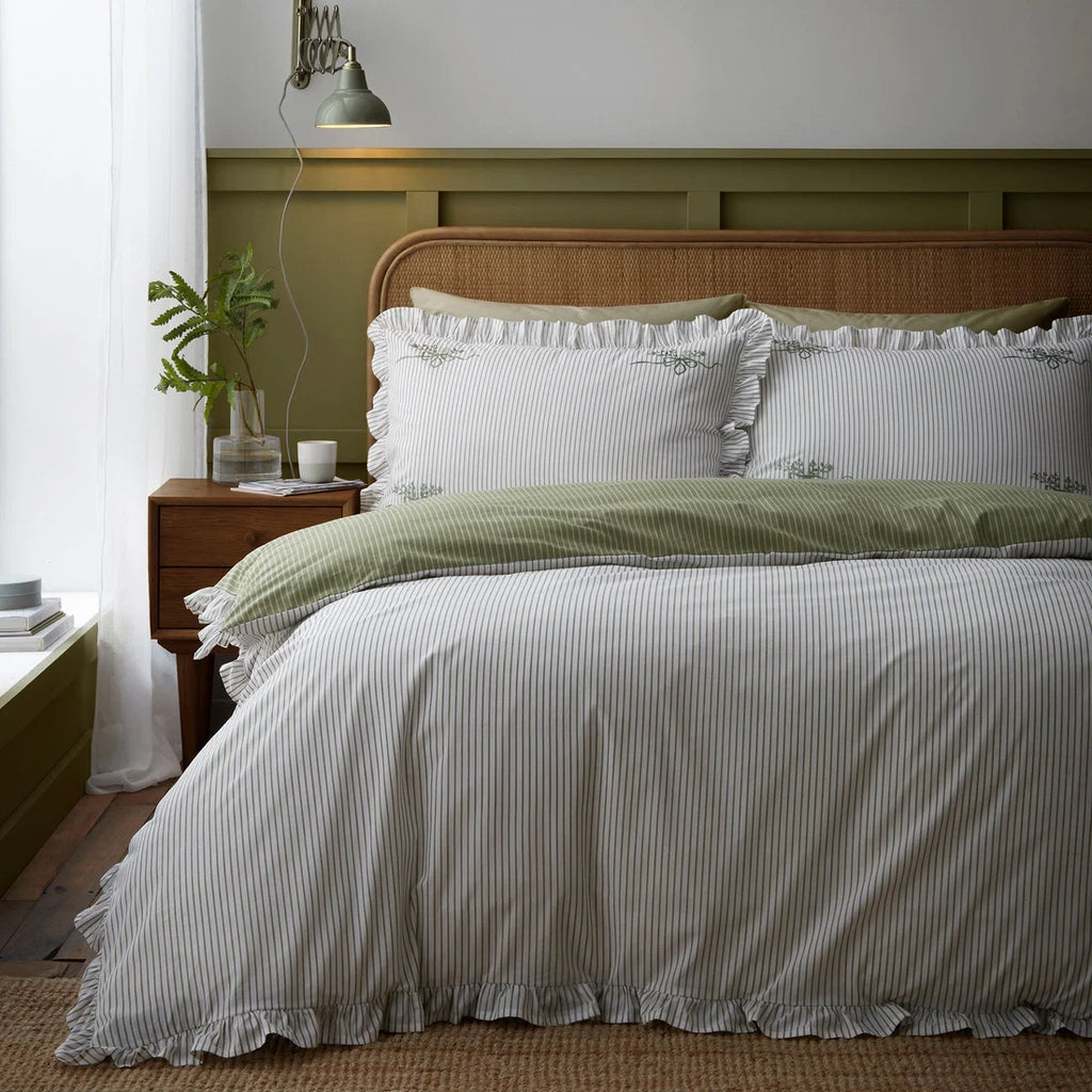 Appletree Frilled Embroidered Bow Stripe 100% cotton duvet cover set in green.