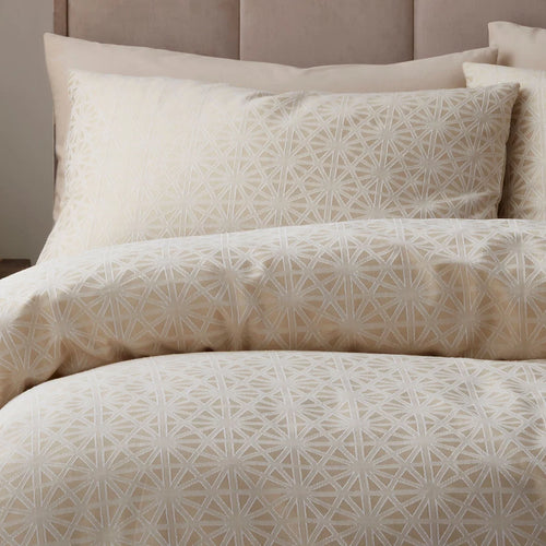 Close-up of the woven geometric jacquard pattern on the Appletree Geo Jacquard duvet cover set.