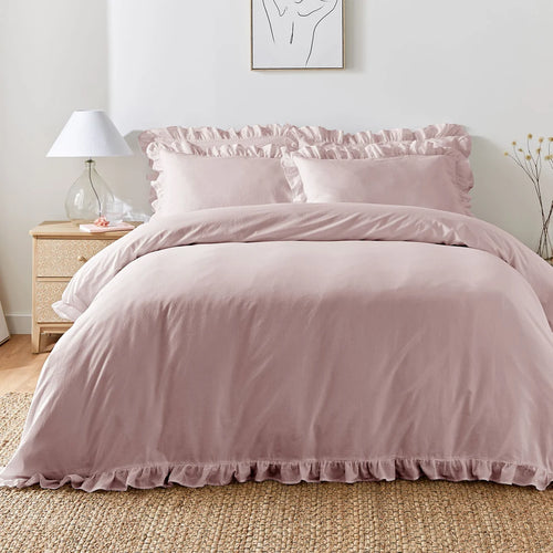 Appletree Loft Cassia Frill 100% cotton duvet cover set in lavender.