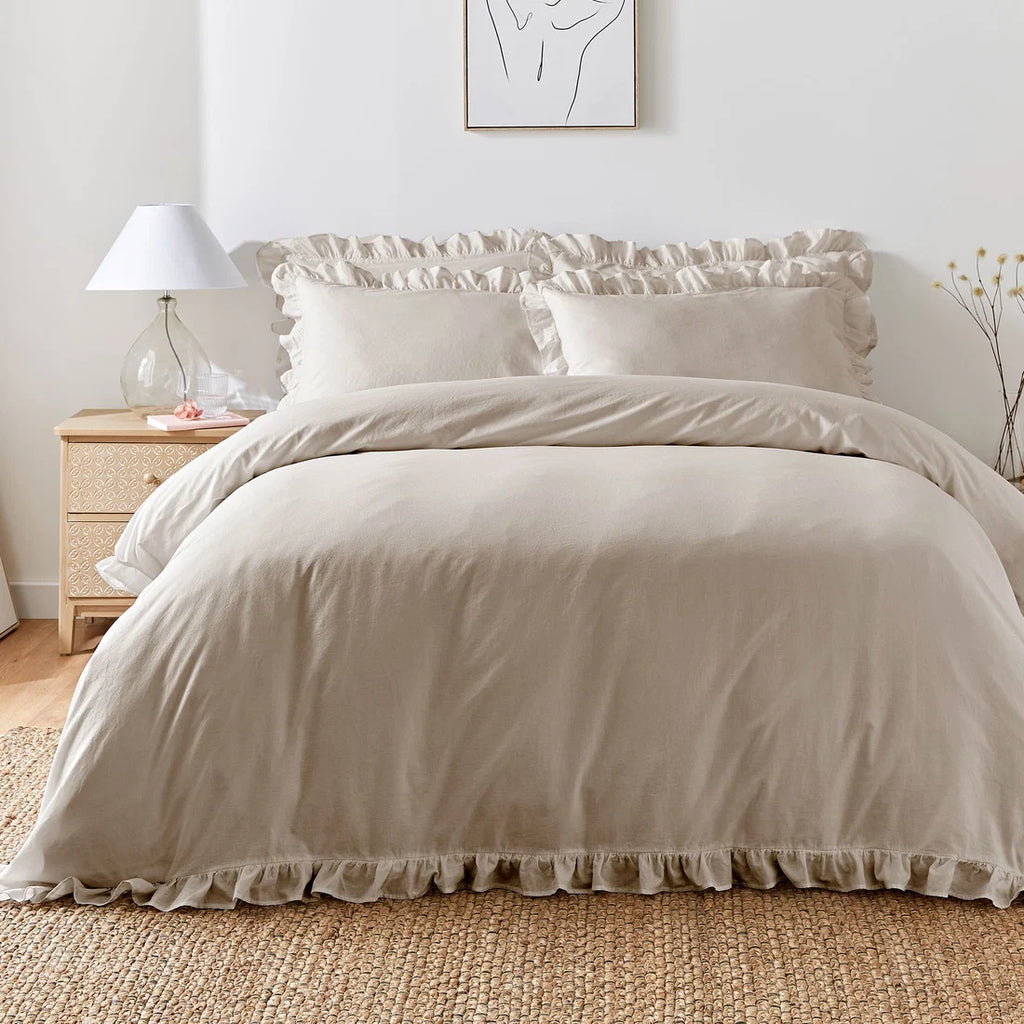 Appletree Loft Cassia Frill 100% cotton duvet cover set in natural.