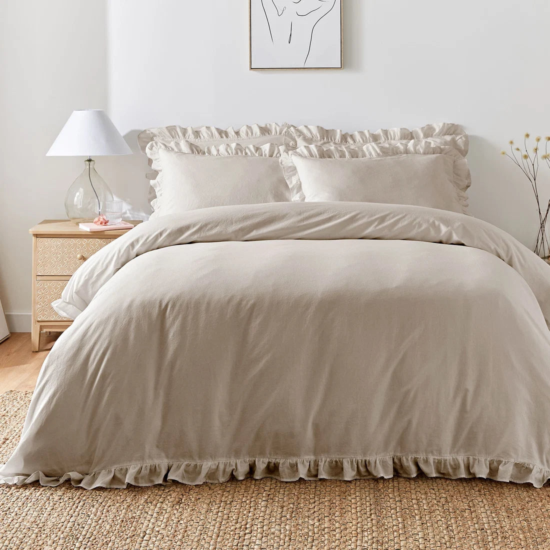 Appletree Loft Cassia Frill 100% cotton duvet cover set in natural.