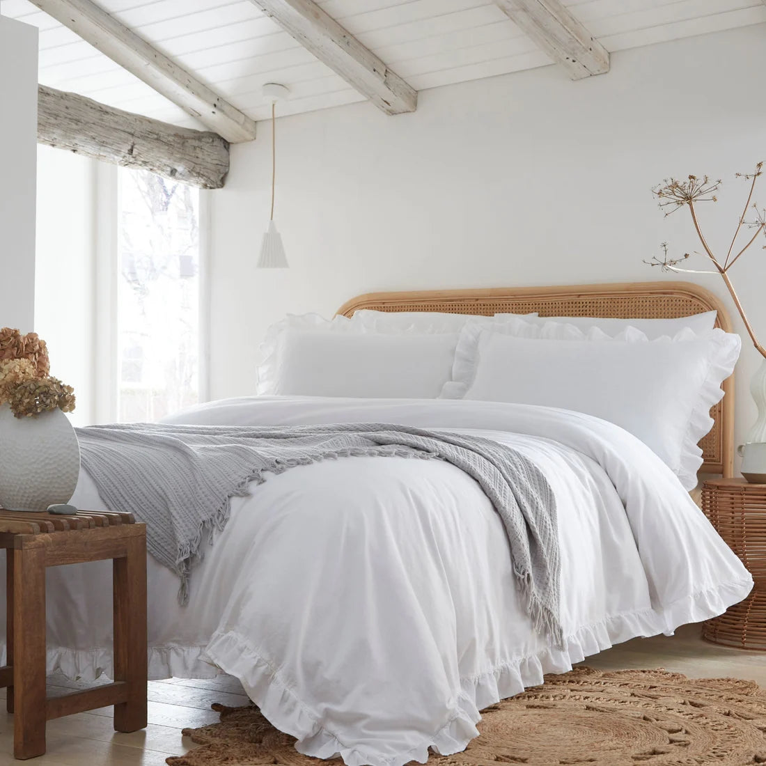 Appletree Loft Cassia Frill 100% cotton duvet cover set in white.
