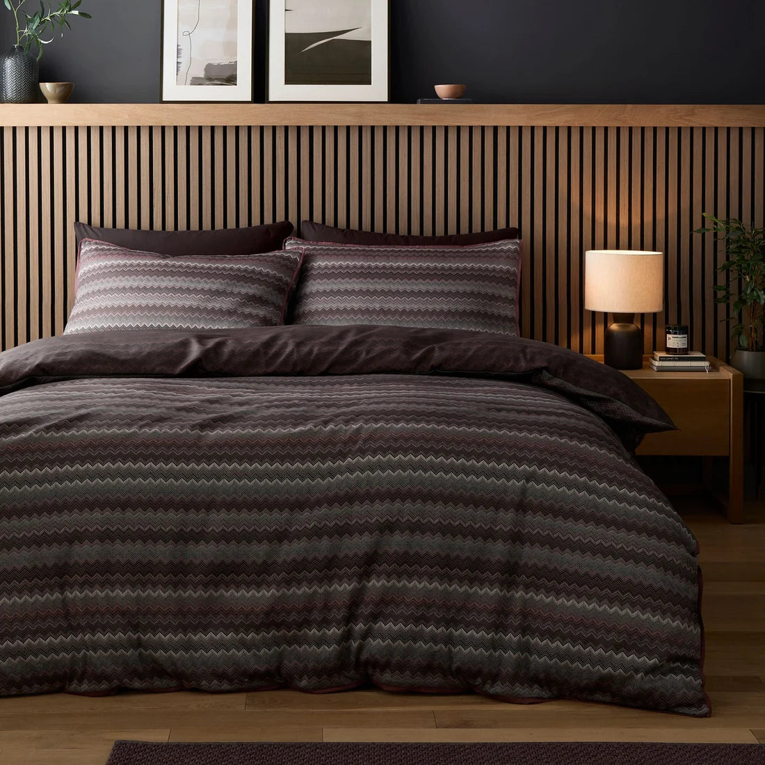 Appletree Loft Chevron Stripe cotton sateen duvet cover set in Chocolate with a fine chevron pattern.