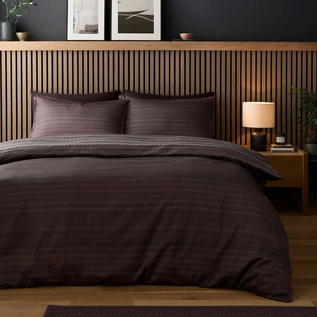 Tonal micro-chevron reverse of the Appletree Loft Chevron Stripe duvet cover set in Chocolate.