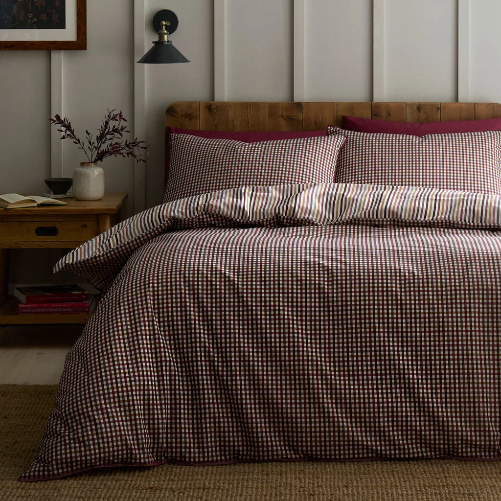 Appletree Micro Check reversible 100% cotton duvet cover set in berry.