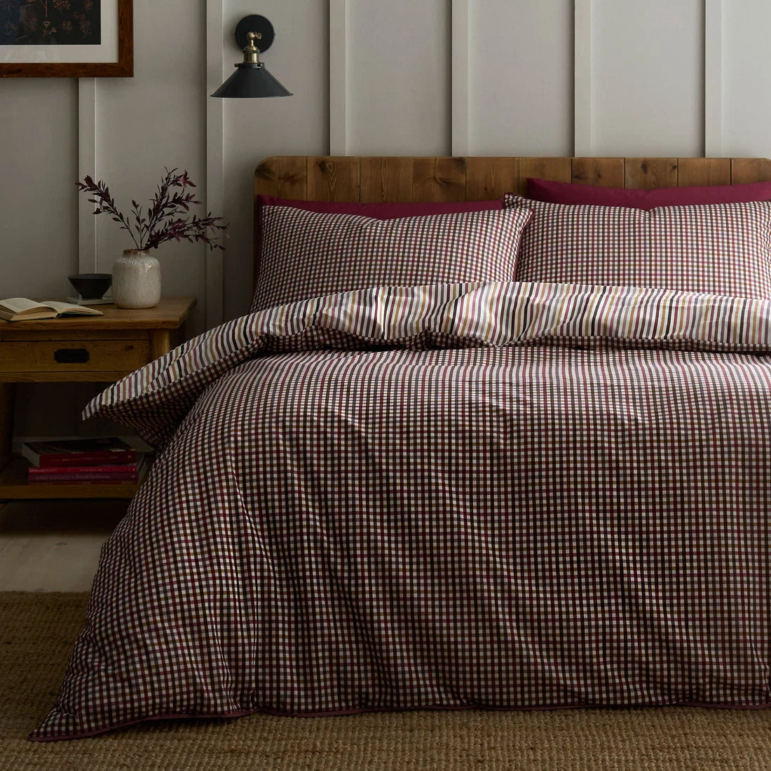 Appletree Micro Check reversible 100% cotton duvet cover set in berry.