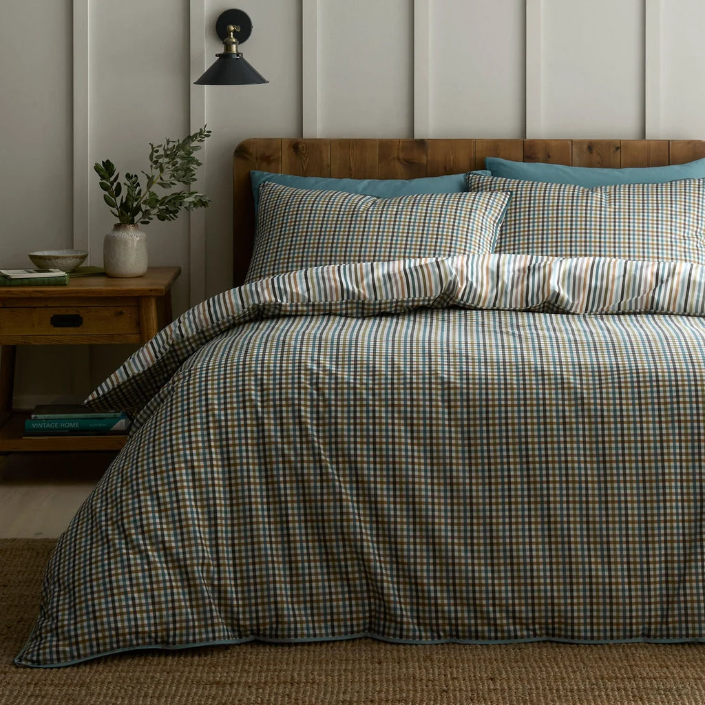 Appletree Micro Check reversible 100% cotton duvet cover set in green.