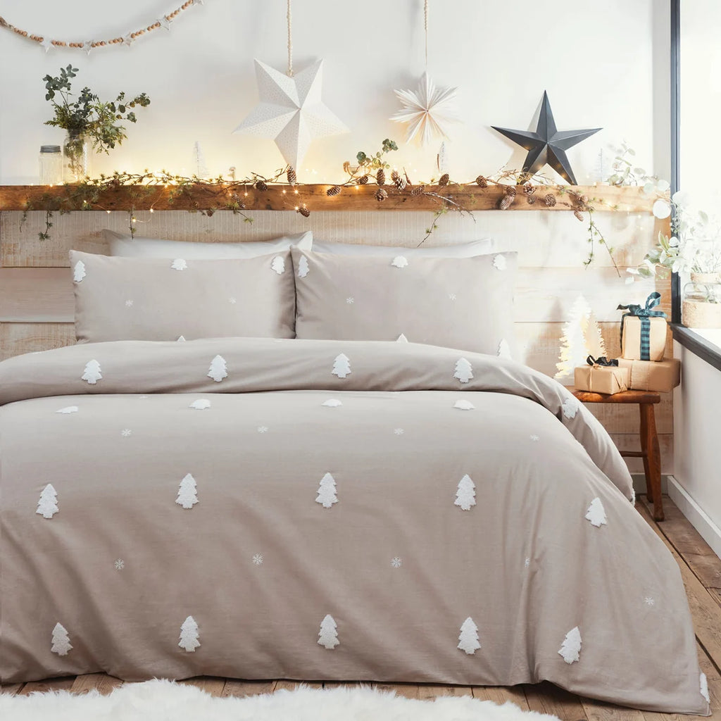 Appletree Tufted Trees Christmas duvet cover set in Natural with tufted trees and embroidered snowflakes.