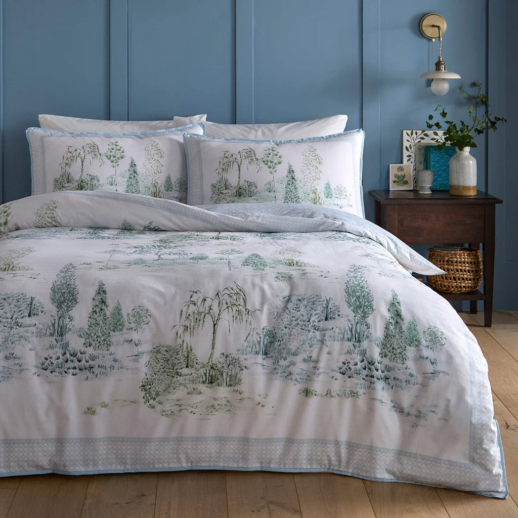 Appletree Willow Tree Scene reversible 100% cotton sateen duvet cover set in blue.