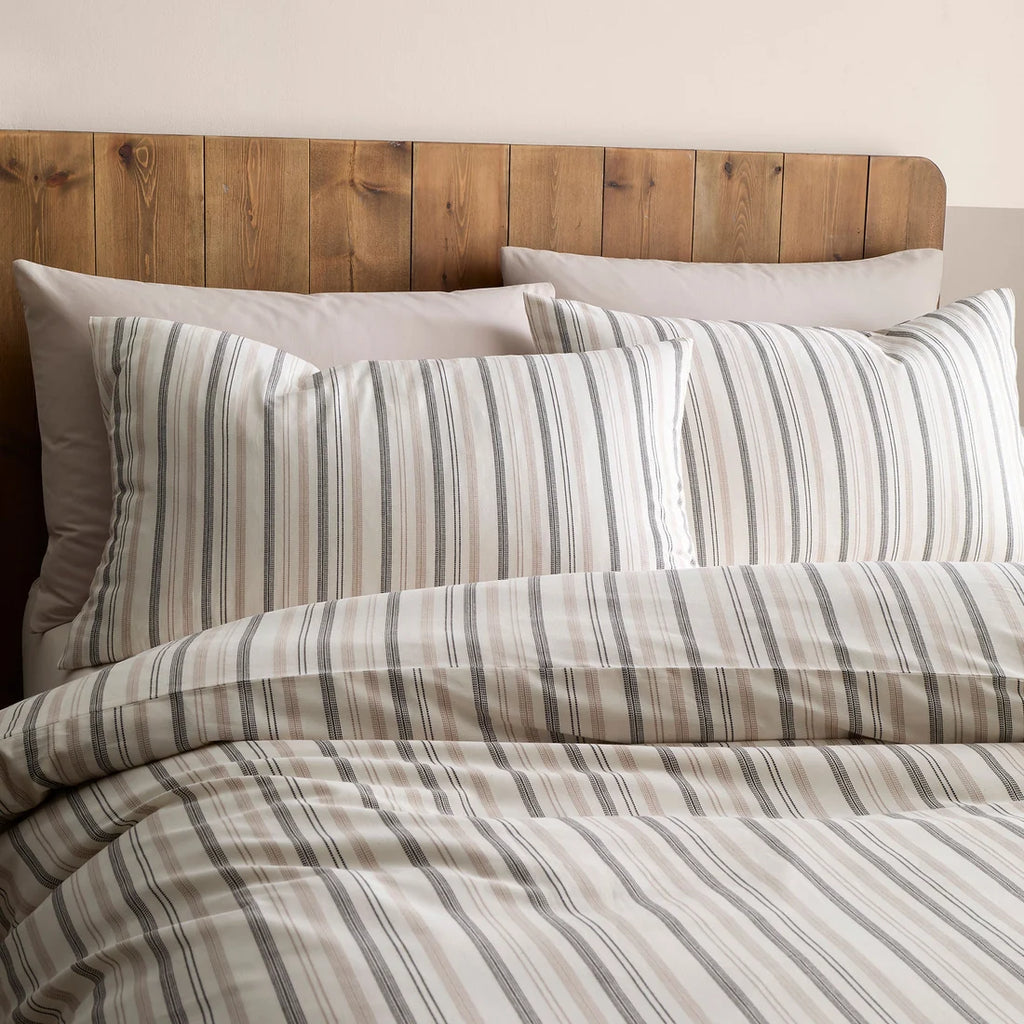 Close-up of the woven thin stripe design on the Appletree Yarn Dyed Woven duvet cover set.