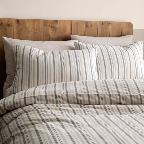 Close-up of the woven thin stripe design on the Appletree Yarn Dyed Woven duvet cover set.