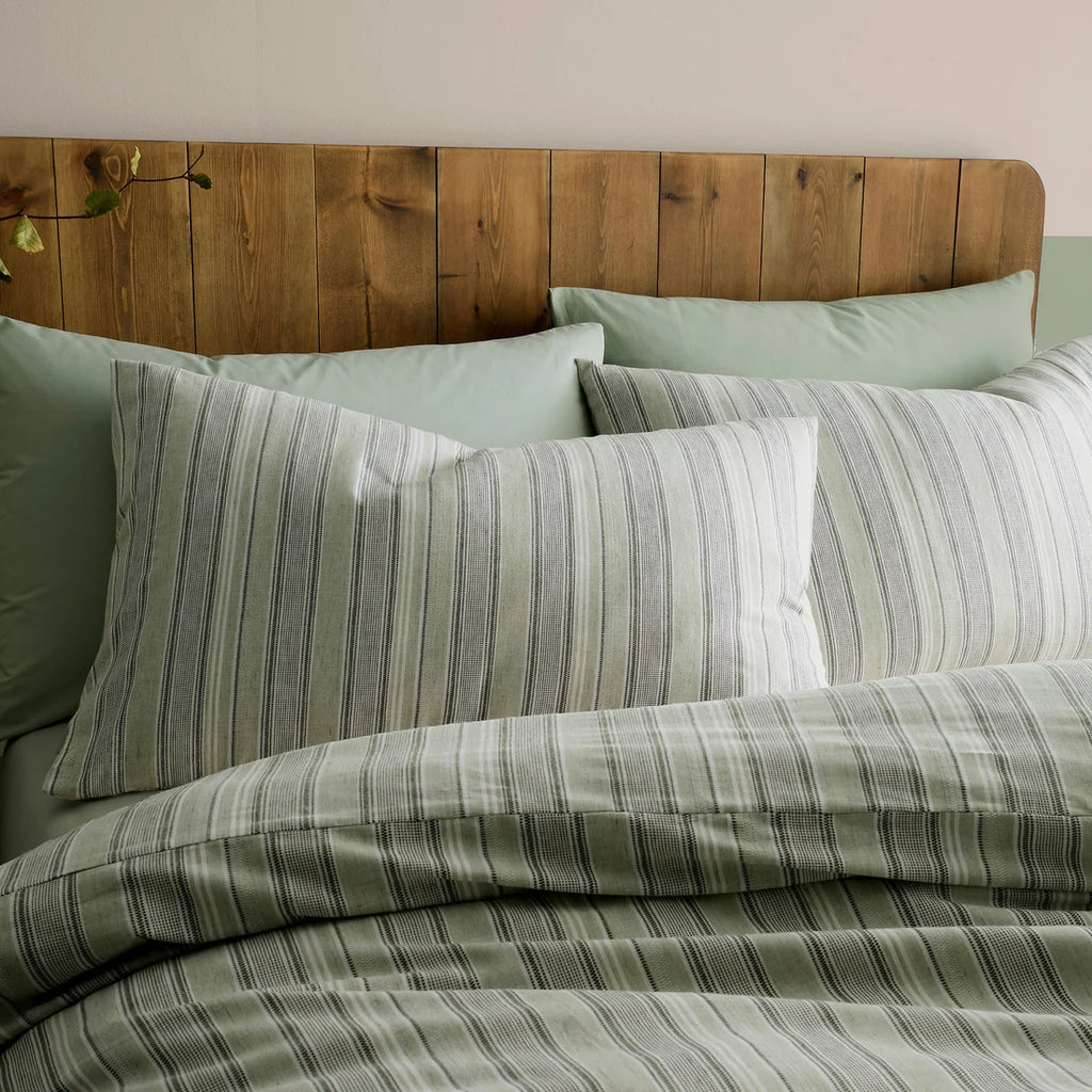 Close-up of the woven wide stripe design on the Appletree Yarn Dyed Woven duvet cover set.