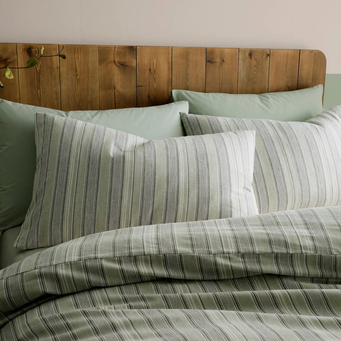 Close-up of the woven wide stripe design on the Appletree Yarn Dyed Woven duvet cover set.