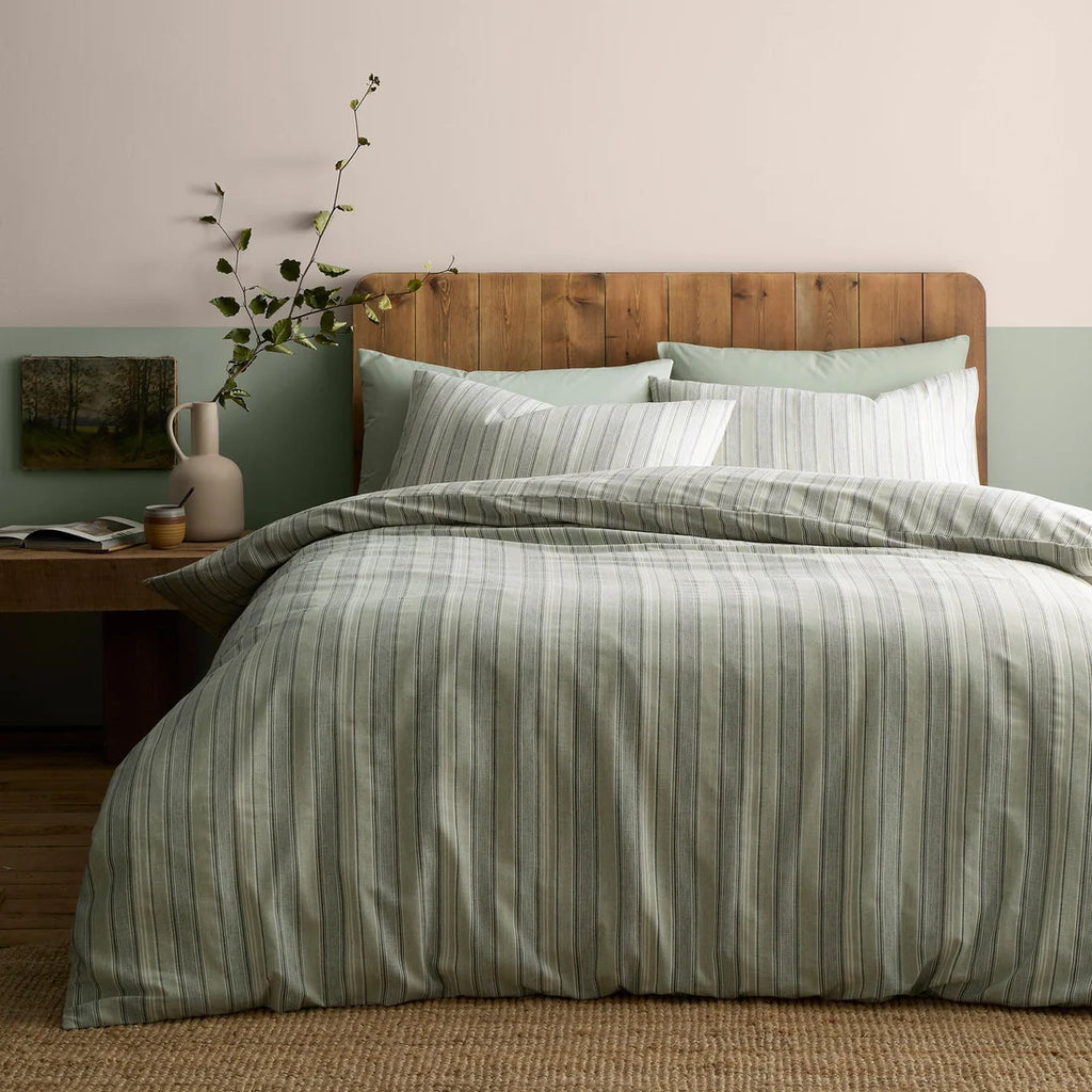 Appletree Yarn Dyed Woven Wide Stripe 100% cotton duvet cover set in green.