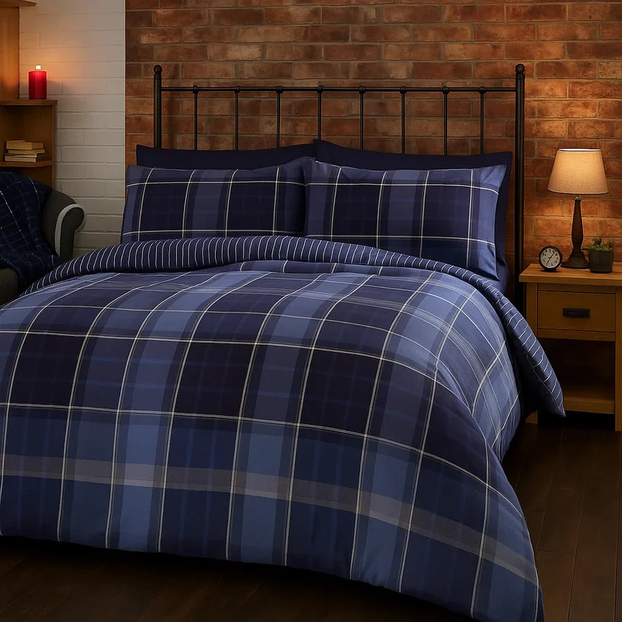 Argyle Check duvet cover set in Blue with a classic tartan-inspired design.