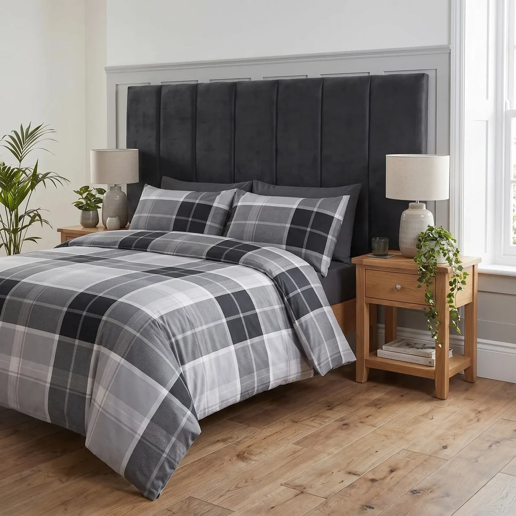 Close-up of the classic grey checked pattern on the Argyle duvet cover set.