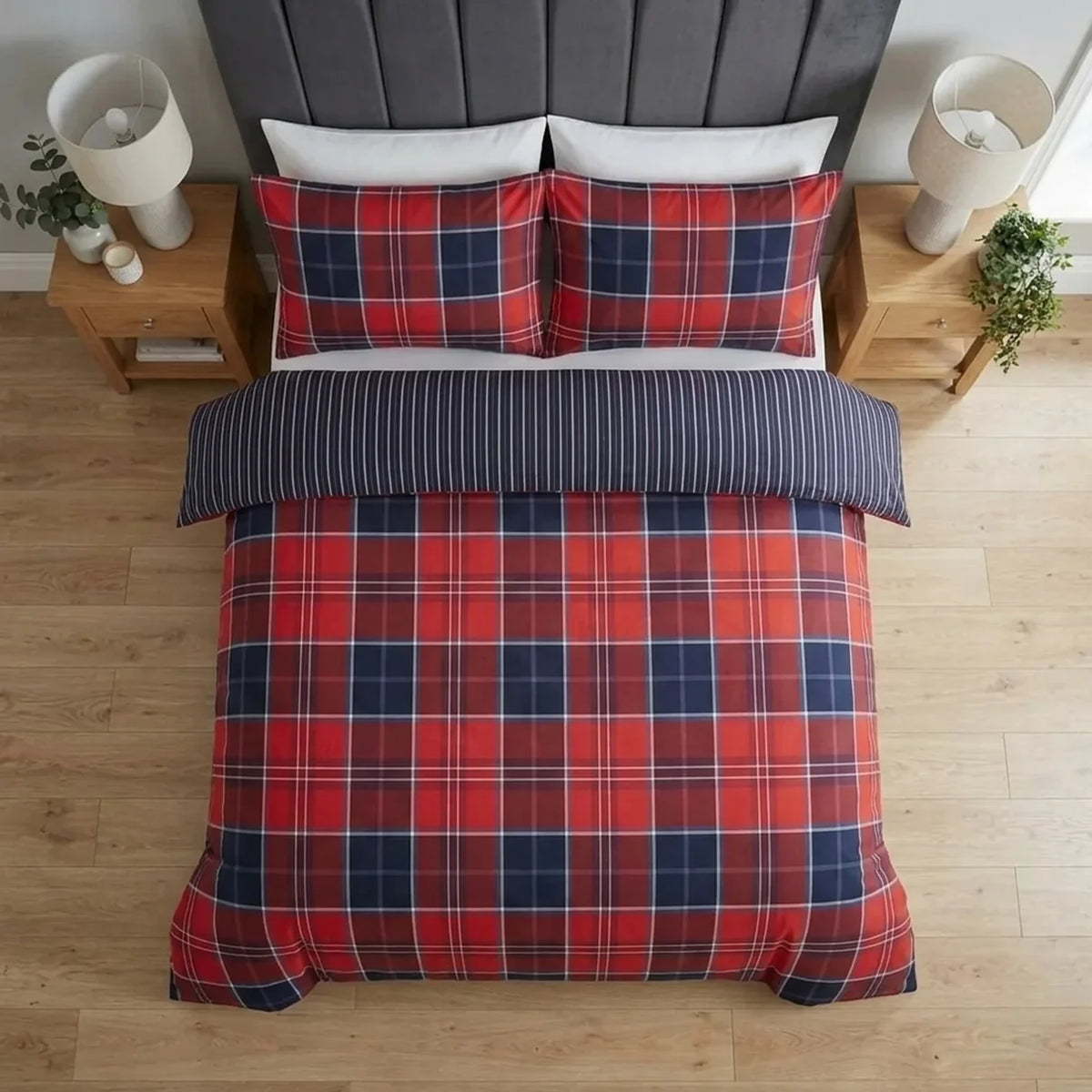 Argyle Check duvet cover set in Red with a classic tartan-inspired design.