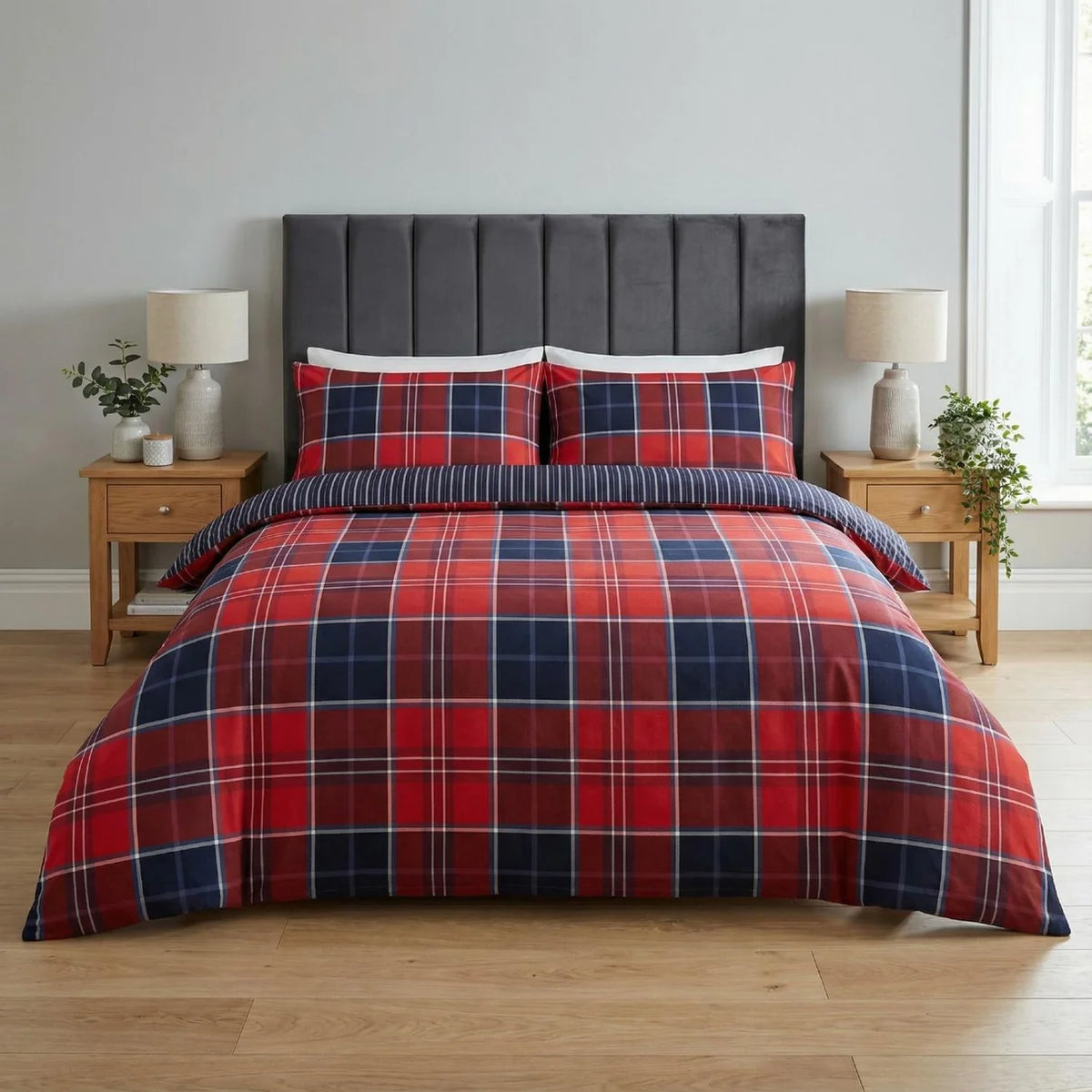 Argyle Check duvet cover set in Red with a classic tartan-inspired design.
