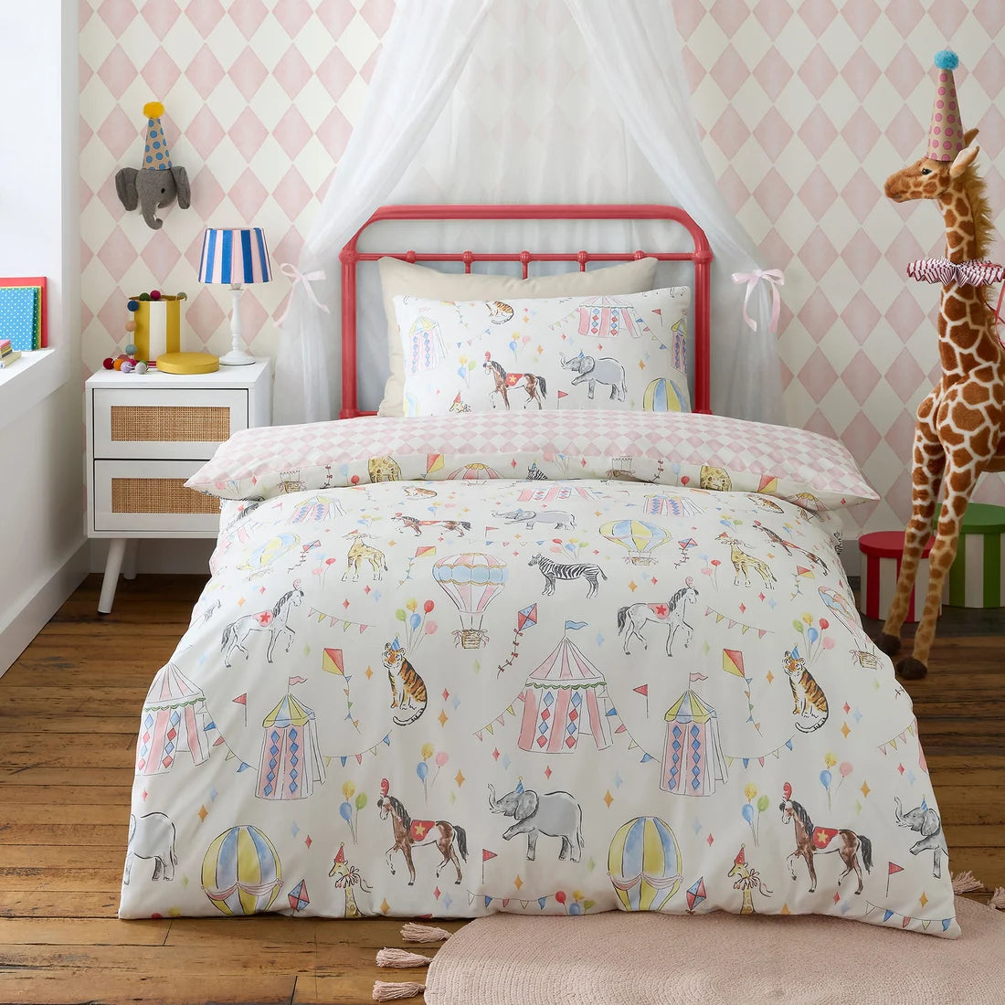 Bedlam Circus Time reversible duvet cover set in multicolour with a fun circus-themed design.