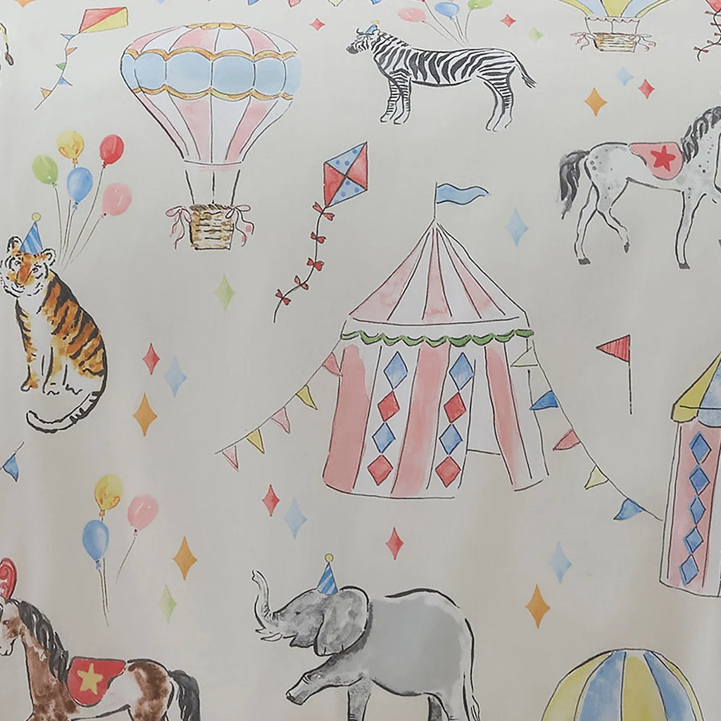 Close-up of the soft polyester fabric on the Bedlam Circus Time duvet cover set.