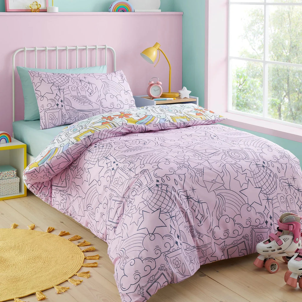 Close-up of the colourful stars, rainbows and playful doodles on the Bedlam Doodle Hobby duvet cover set.