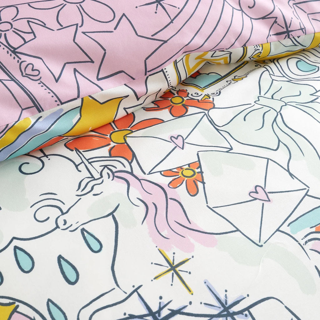 Colorful fabric with unicorn and star patterns
