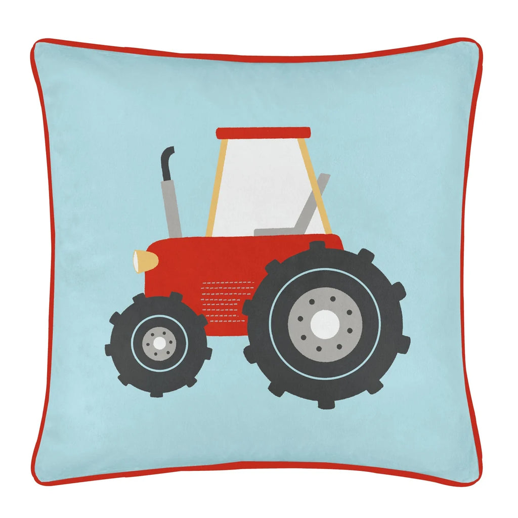 Bedlam Farmyard Friends velvet cushion in blue featuring a red tractor.