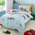 Bedlam Farmyard Friends reversible duvet cover set in blue with farm animals and tractors.