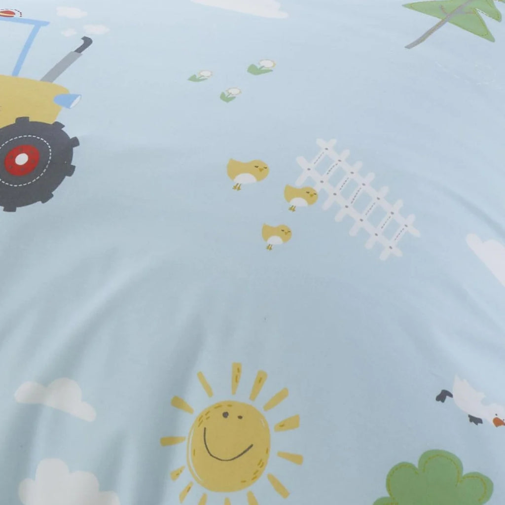 Close-up of the soft polyester fabric on the Bedlam Farmyard Friends duvet cover set.