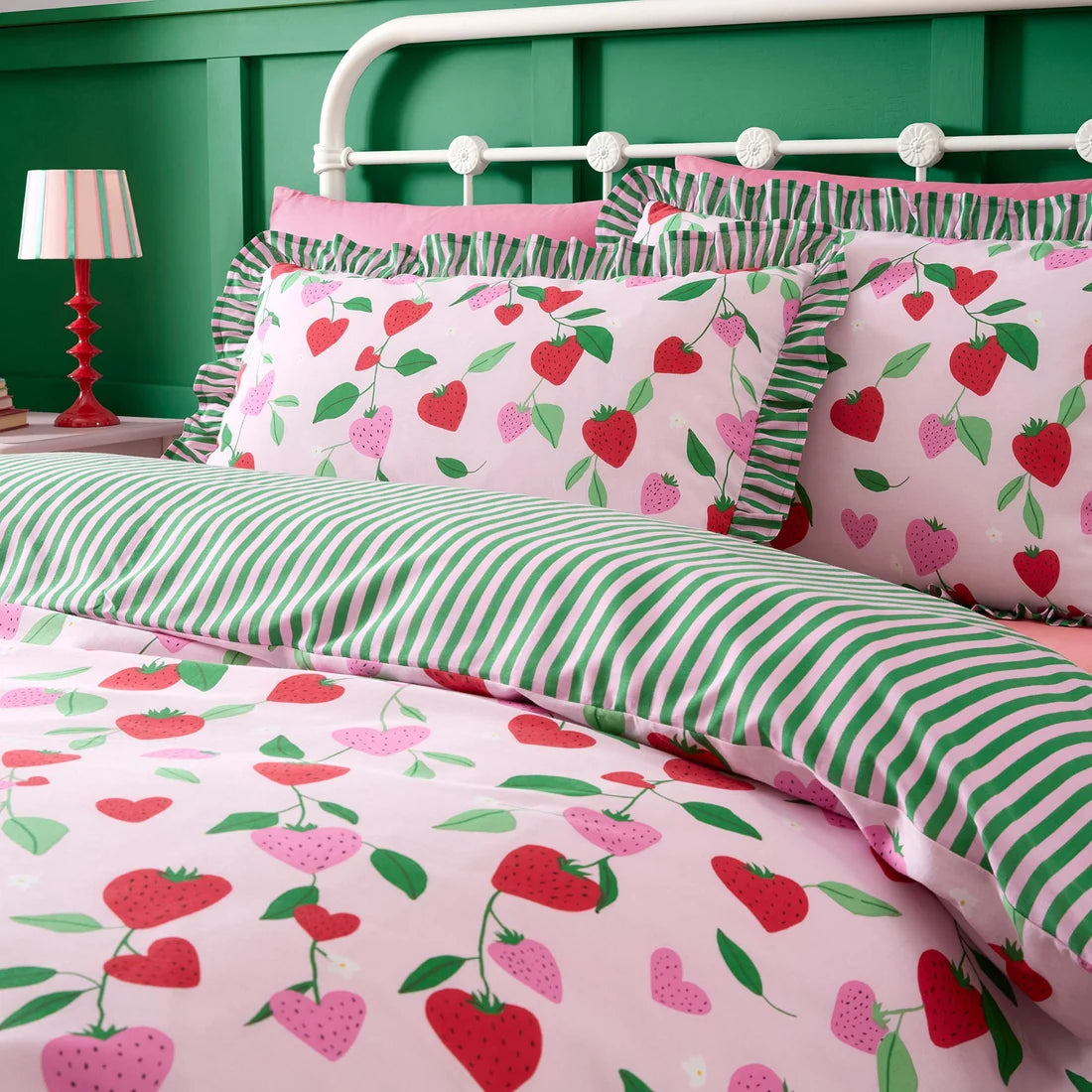 Close-up of the strawberry pattern on the Bedlam Fun Strawberries duvet cover set.