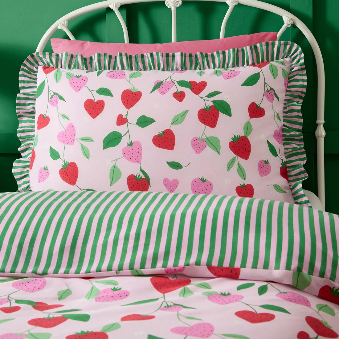 Close-up of the strawberry pattern on the Bedlam Fun Strawberries duvet cover set.