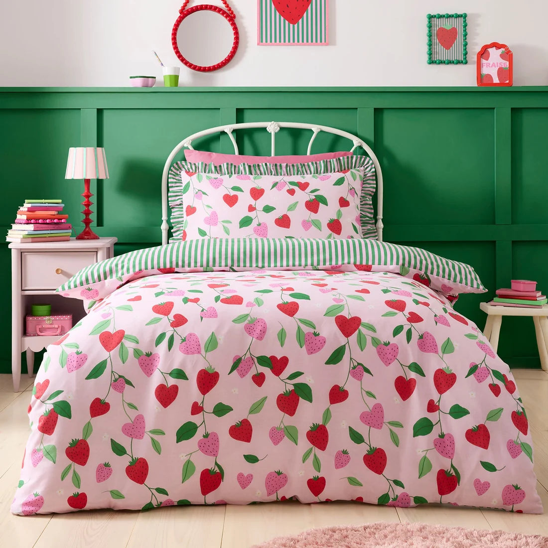 Bedlam Fun Strawberries reversible polycotton duvet cover set in pink.