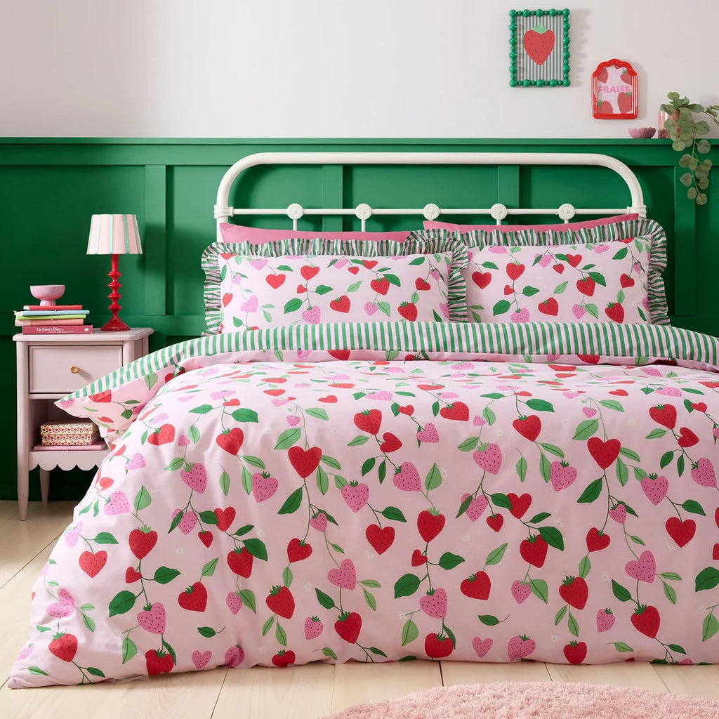 Bedlam Fun Strawberries reversible polycotton duvet cover set in pink.