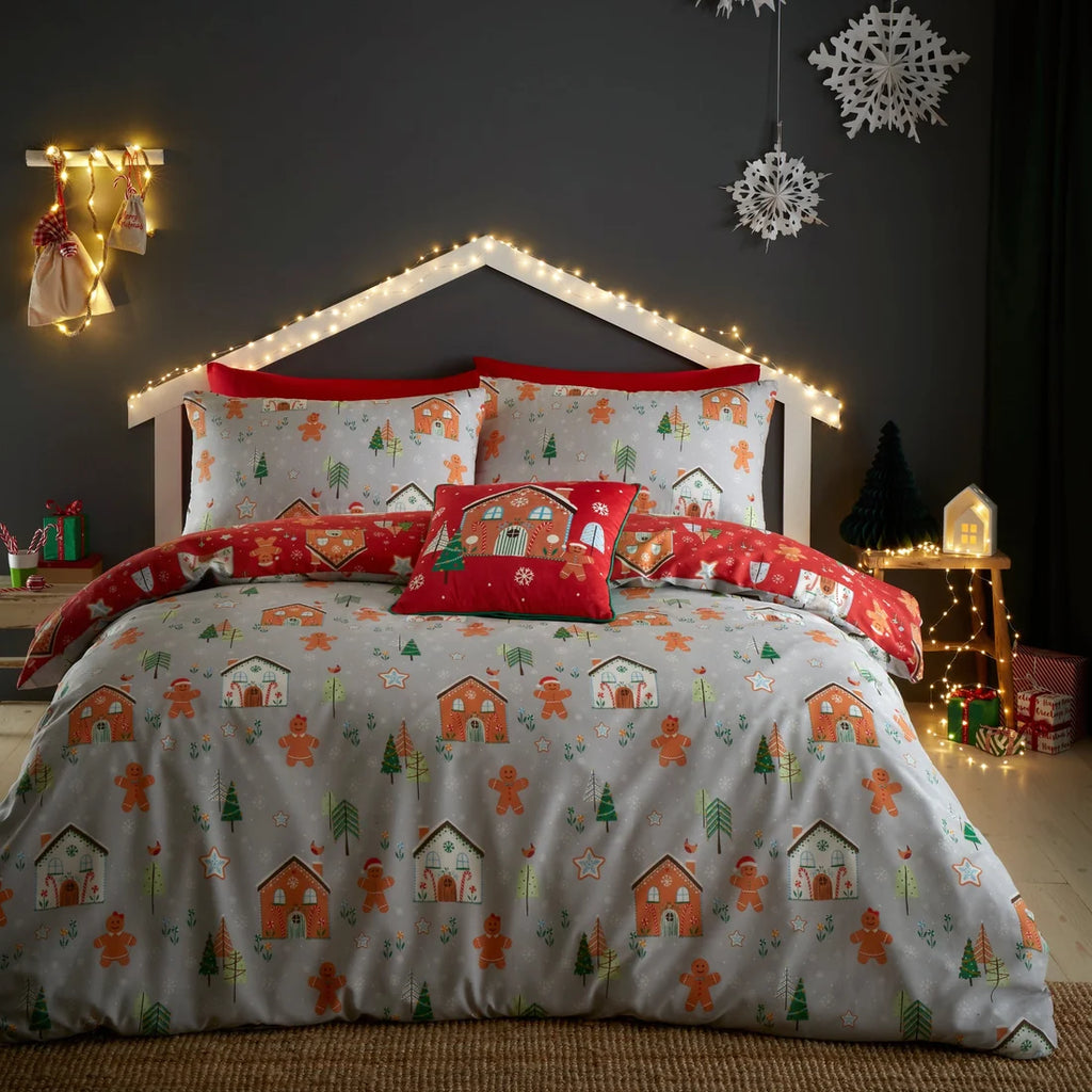 Bedlam Gingerbread House Christmas Polycotton Duvet Cover Set in Grey
