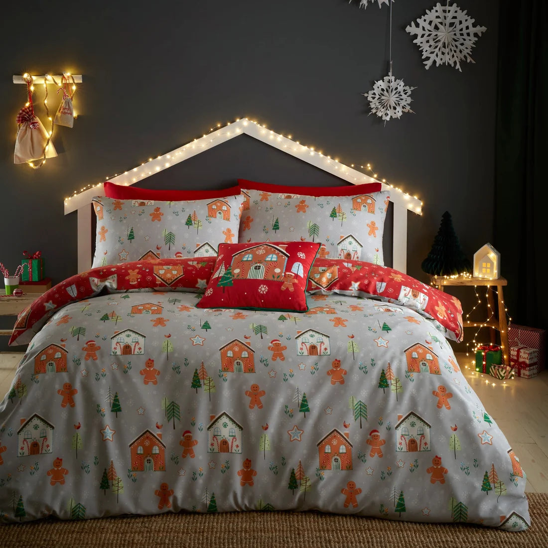 Bedlam Gingerbread House Christmas Polycotton Duvet Cover Set in Grey