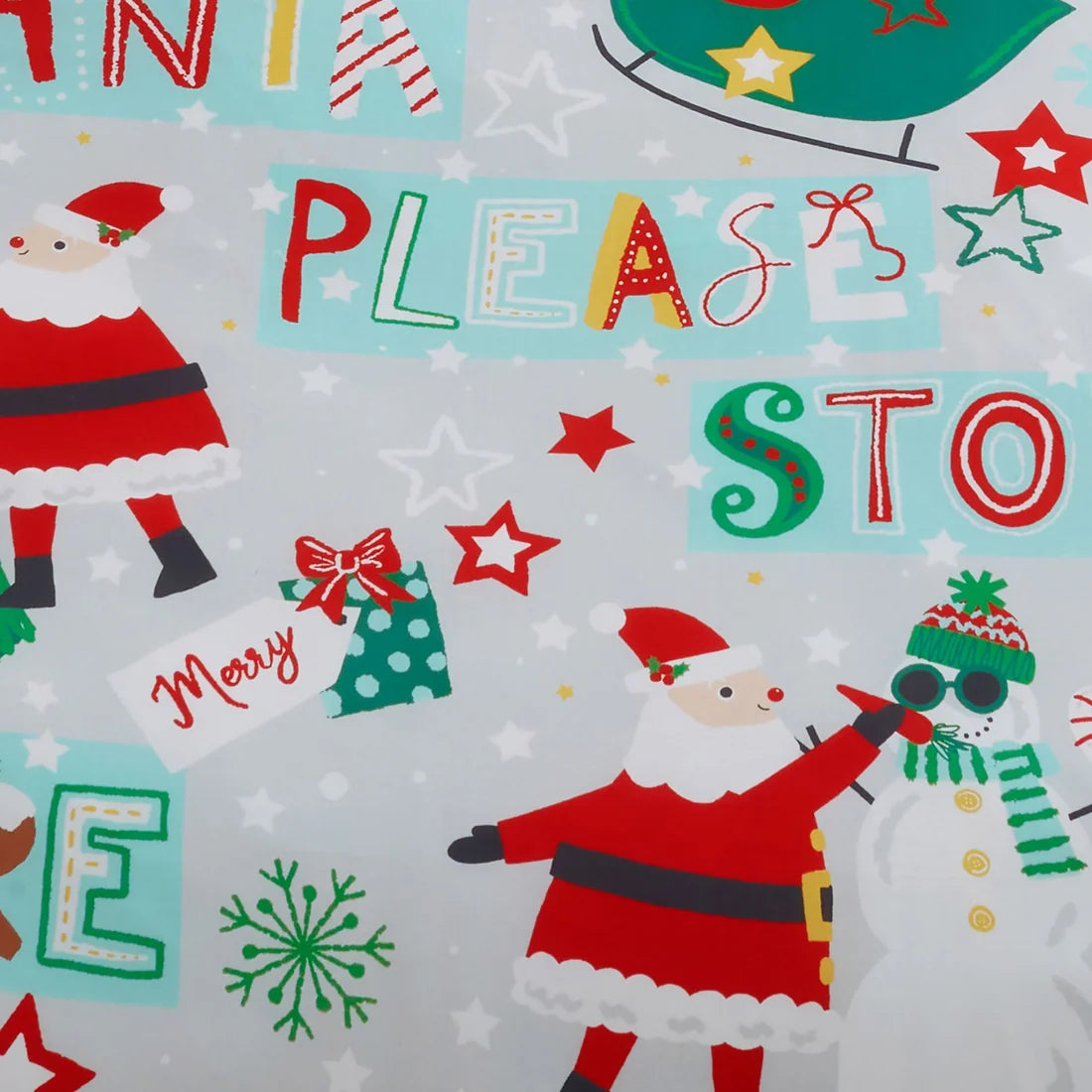 Close-up of the Santa Please Stop Here festive design on the Bedlam duvet cover set.